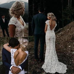 Summer Beach Boho Lace Mermaid White Bridal Wedding Gowns Cap Sleeves V Neckline Wedding Dress for Bride Back Out Sweep Train