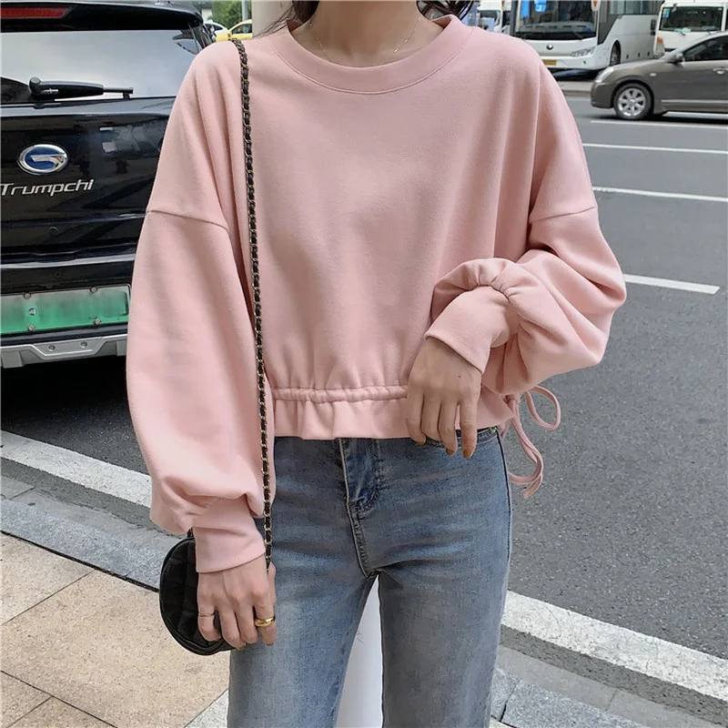 Cropped Hoodies Women Sweet Solid Apricot Design Shirring O-neck Baggy Sweatshirts Japanese Style Long Sleeve Tops Students Chic