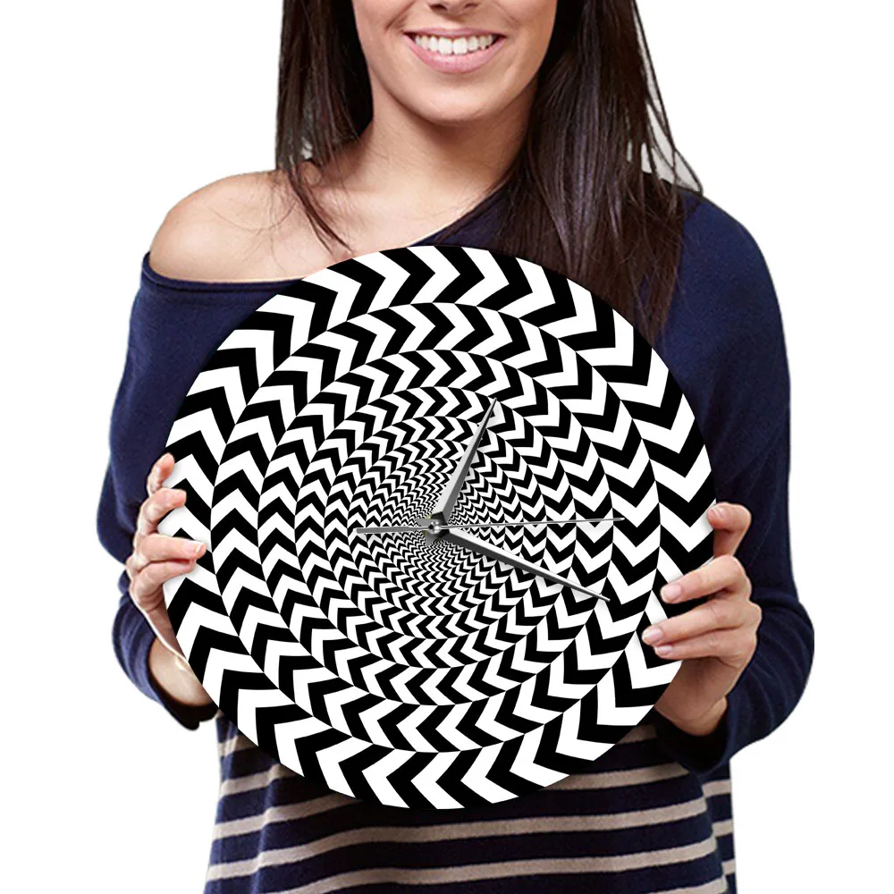 Hypnotic Black White 3D Vision Cool Living Room Interior Decor Spiral Geometric Optical illusion Non-ticking Wall Clock Watch