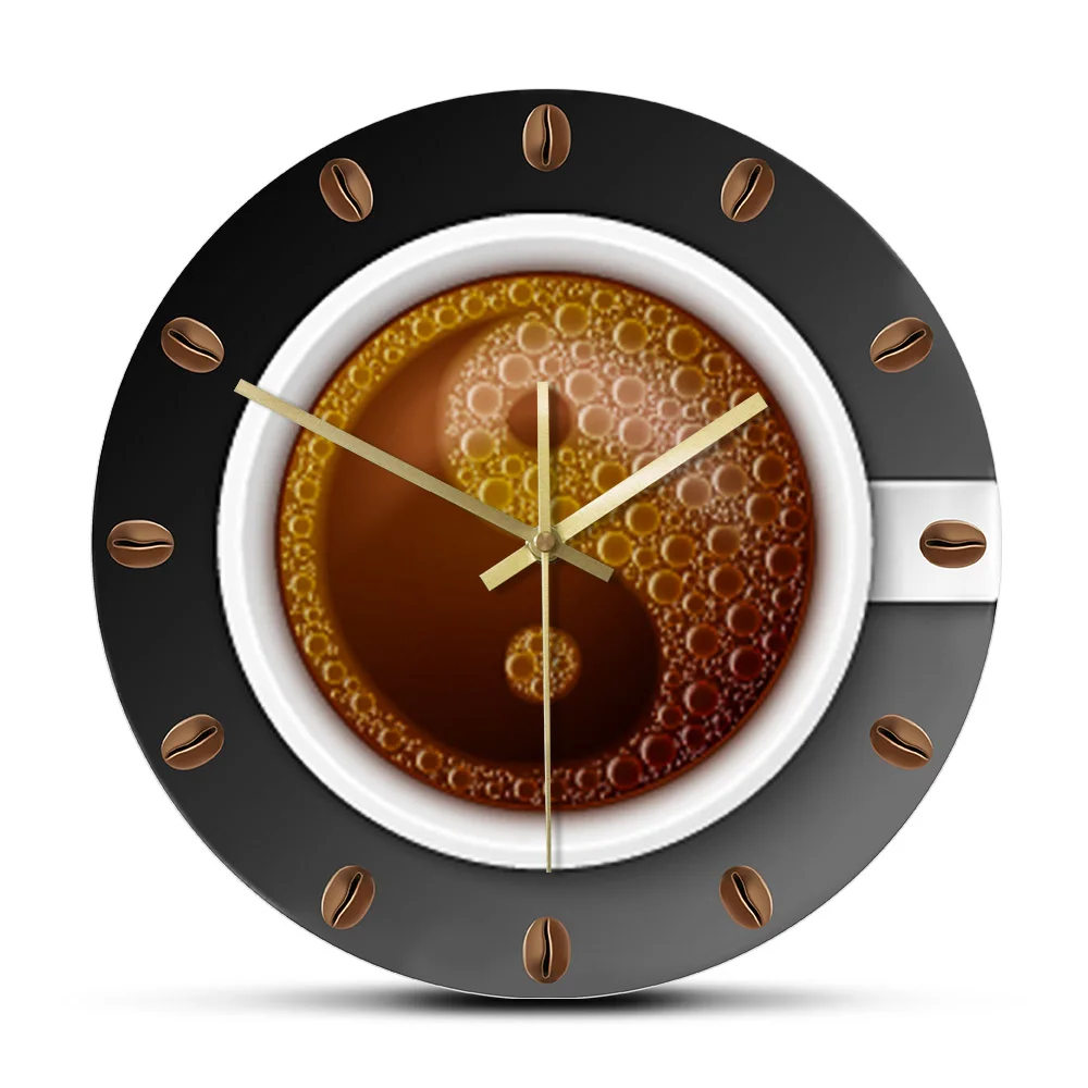 Coffee Slient Wall Clock For Kitchen Cafe House Art Decor Coffee Bean Yin Yang Office Round Wall Watch Quartz Coffee Lover Gift