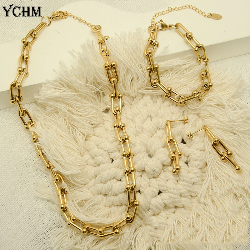 

YCHM Stainless Steel Women Choker Necklaces Gold Color Chunky Chain Necklace Sets For Women Thick U Shape Chain Trendy Jewelry