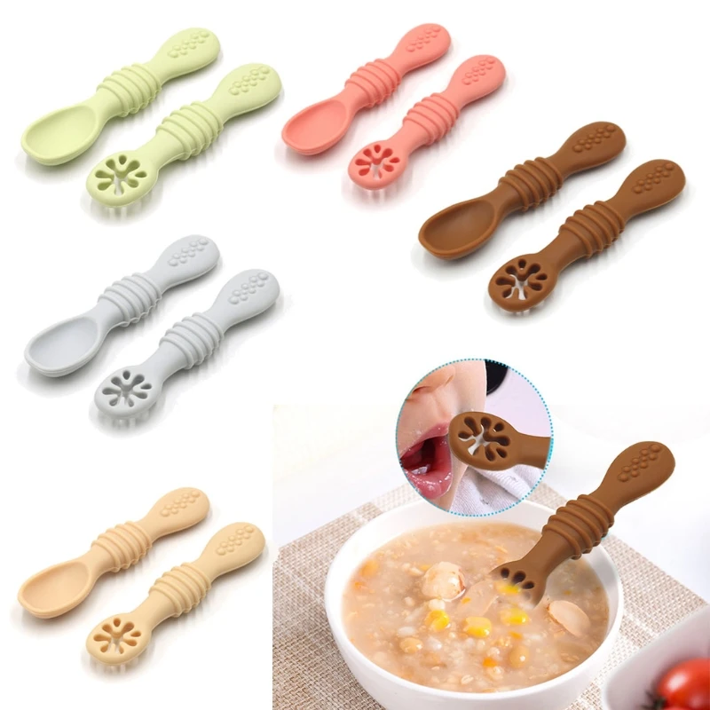 2PCS Lovely Baby Learning Spoons Utensils Set Adorable Toddler Tableware Baby Silicone Teether Toys Feeding Scoop Training