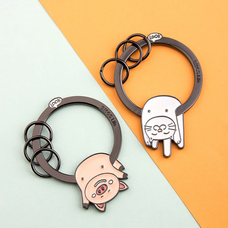 Creative Steel Animal Keychain Funny Animal White Rabbit Cat Yellow Dog Pink Pig Pendant Bag Car Keyring Jewelry Girl Boy Gift