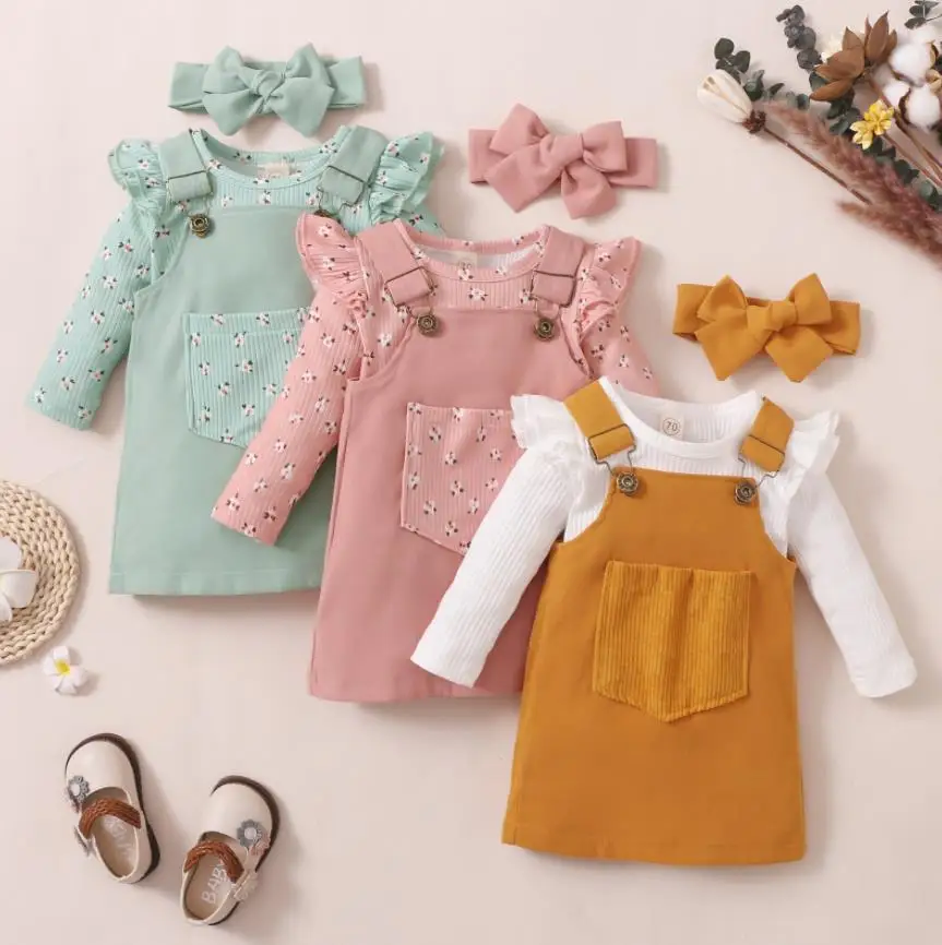 

Newborn Baby Girls Autumn Clothes Set Solid Long Sleeve O-neck Romper Tops Pocket Suspender SkirtHeadband Kids Clothing