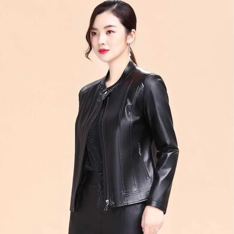 Hot 2023 Women Spring Autumn Coat Retro Round Neck Genuine Leather Jacket Ladies Fashion Casual Moto Casaco Feminino Outerwear