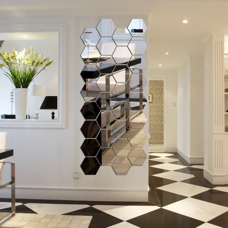 12pcs/set Hexagon Acrylic 3D Mirror Wall Sticker Home Decoration For Living Room Kitchen Porch Art Peel & Stick DIY Wall Mirros