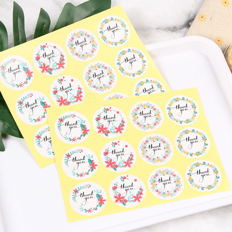 120Pcs/pack Green Leaf Wreath pattern Label Hand Made With Thank You Sticker Baking Gift Sealing Stickers