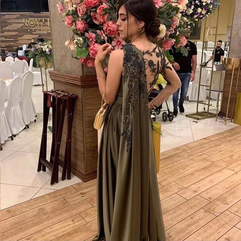 2020 New Arrival Long Sleeves Elegant Green Handmade Beading A Line Satin Prom Dress Plus Size For Woman Evening Party