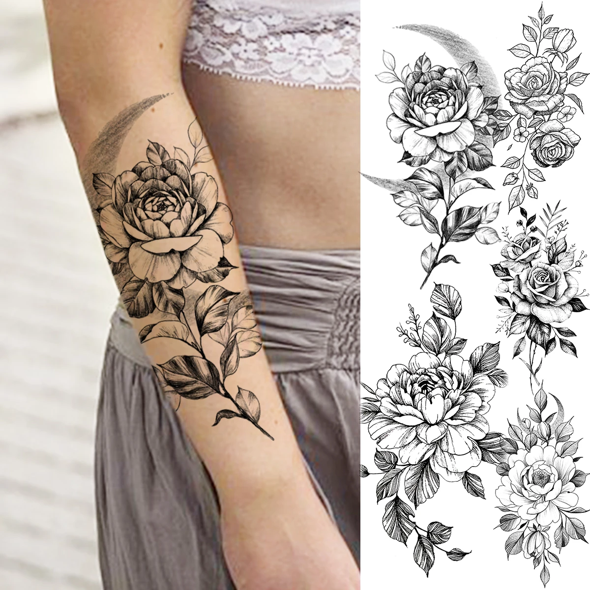 3D Realistic Rose Flower Moon Temporary Tattoos For Women Adult Peony Dahlia Fake Tattoo Forearm Body Art Waterproof Tatoo Decal