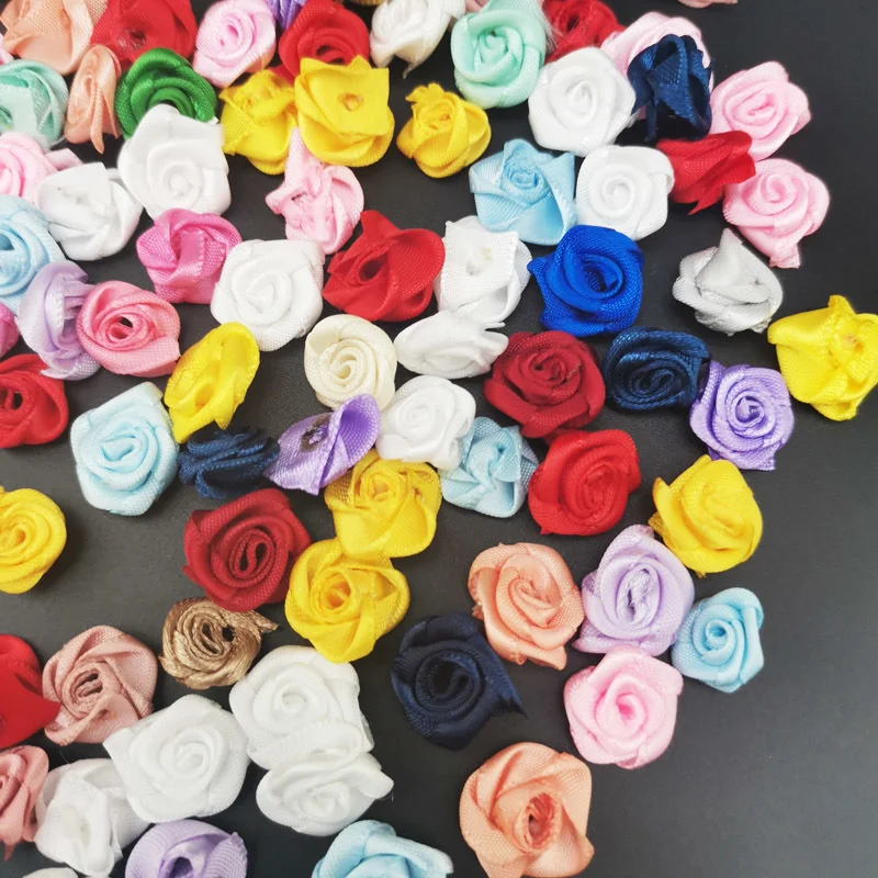 (100pcs/pack) 15mm Mix Colorful Small Flower Mini Handmade DIY Satin Ribbon Rose Head Wedding Scrapbooking Decoration Floret