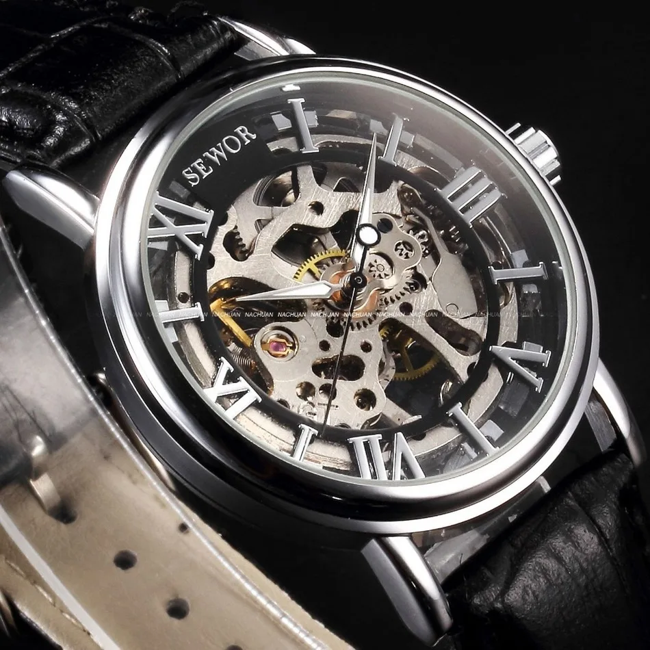 SEWOR Top Brand Watch Men Skeleton Watches Men Roma Number Mechanical Hand Wind Wristwatches Men Cheap Watch Erkek Kol Saati