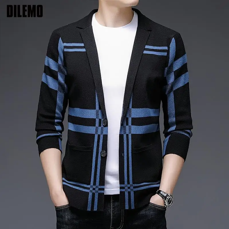 New Designer Luxury Brand Casual Fashion Plaid Slim Fit Mens Knitted Blazer Suite Jacket Elegant Top Quality Mens Clothing 2023