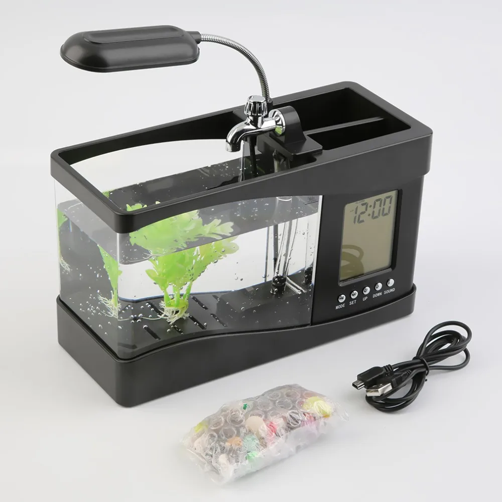 1PCDC 5V USB Desktop Mini Fish Tank Aquarium LCD Timer Clock LED Lamp Light Black Color 24 * 10 * 14cm