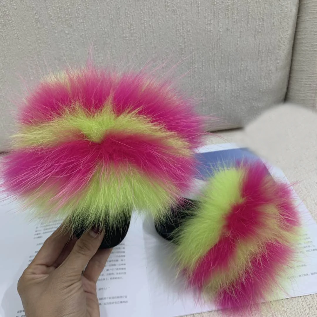 Kids Real Fox Slippers Raccoon Slides Chinelos Menina Slippers Toddler Baby Girls Shoes fox fur slides fur slides for kids