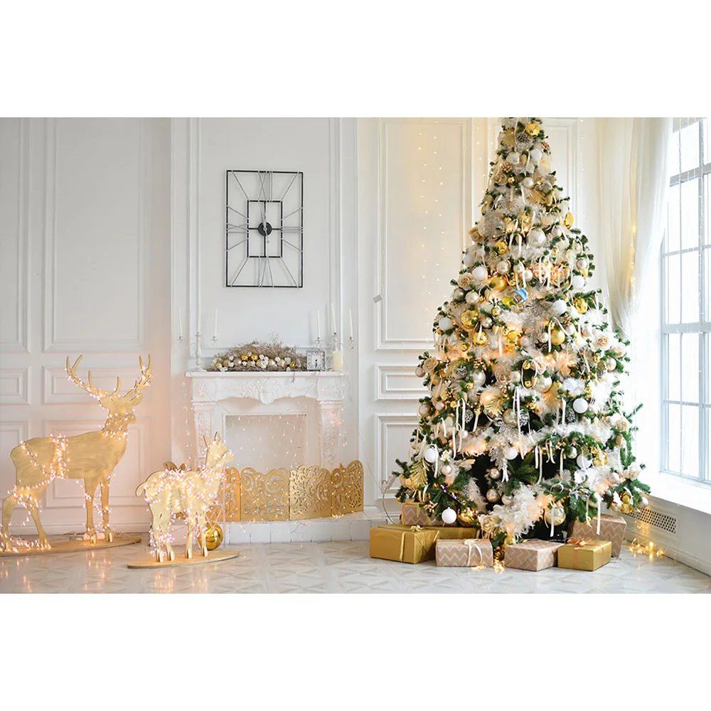 التصوير الفوتوغرافي عيد الميلاد غرفة المعيشة خلفية شجرة عيد الميلاد الأيائل الضوء الأبيض الطوب جدار صورة خلفية هدية نافذة الأسرة فيديو الدعائم