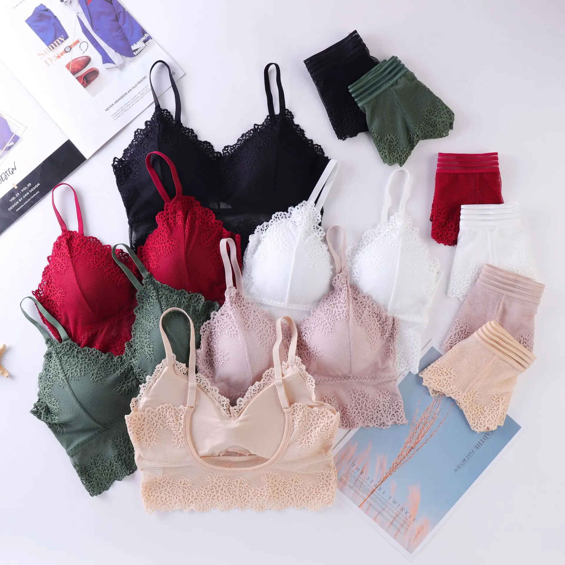 Women Lace Bra And Briefs Set Low Back Bra Crop Top Female Padded Bralette Transparent Solid Color Underwear Sexy Lingerie Set