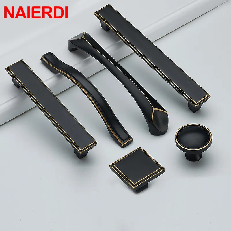 NAIERDI Solid Copper Cabinet Handles European Kitchen Cupboard Door Pulls Drawer Knobs Vintage Brass Black Furniture Handle