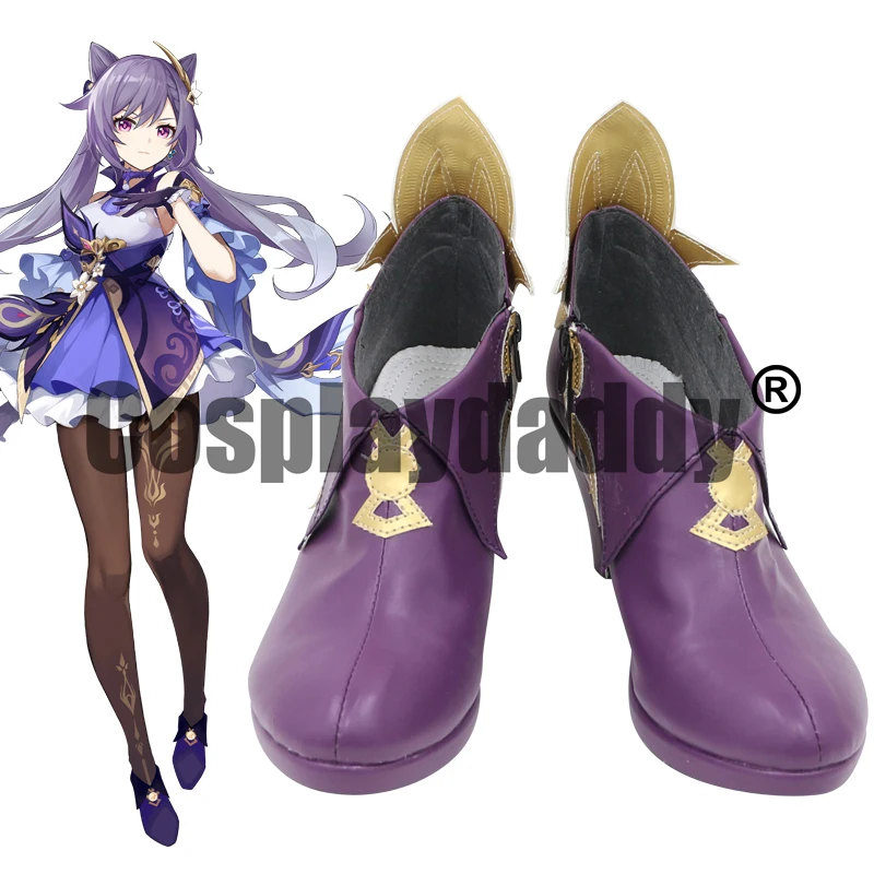 Genshin Impact Liyue Yuheng Driving Thunder Keqing Cosplay Purple Shoes Low Slung Heel Booties C006