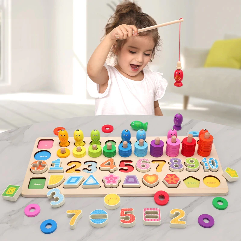 Montessori quente brinquedos educativos de madeira para crianças placa matemática pesca contagem números correspondência corte digital frutas educação precoce brinquedo