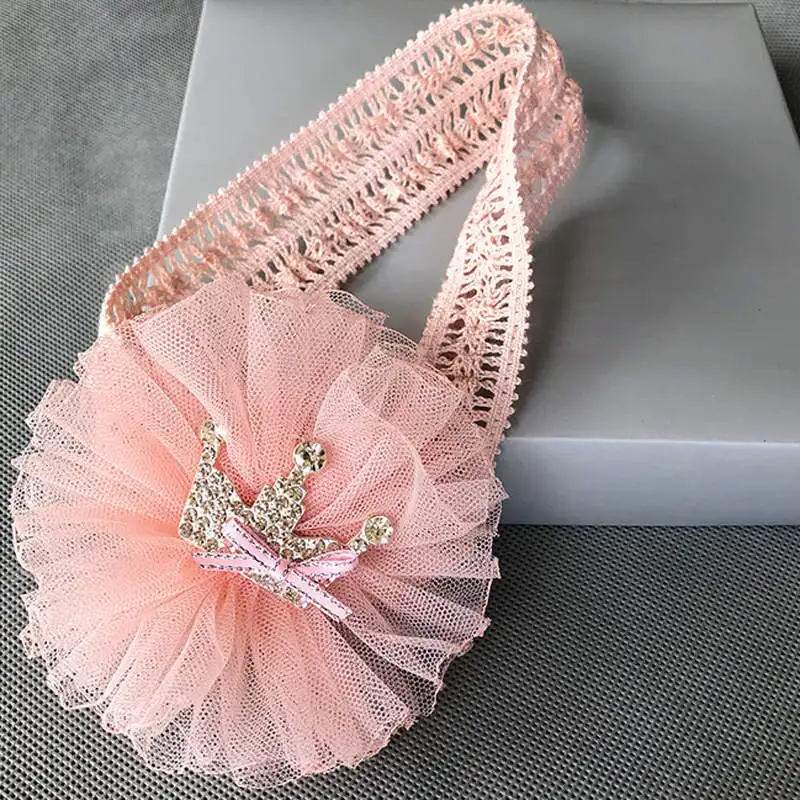 Balleenshiny Infant Child Hair Band Three-dimensional Alloy Rhinestone Crown Headdress Baby Girl Mesh Elastic Headband Turban