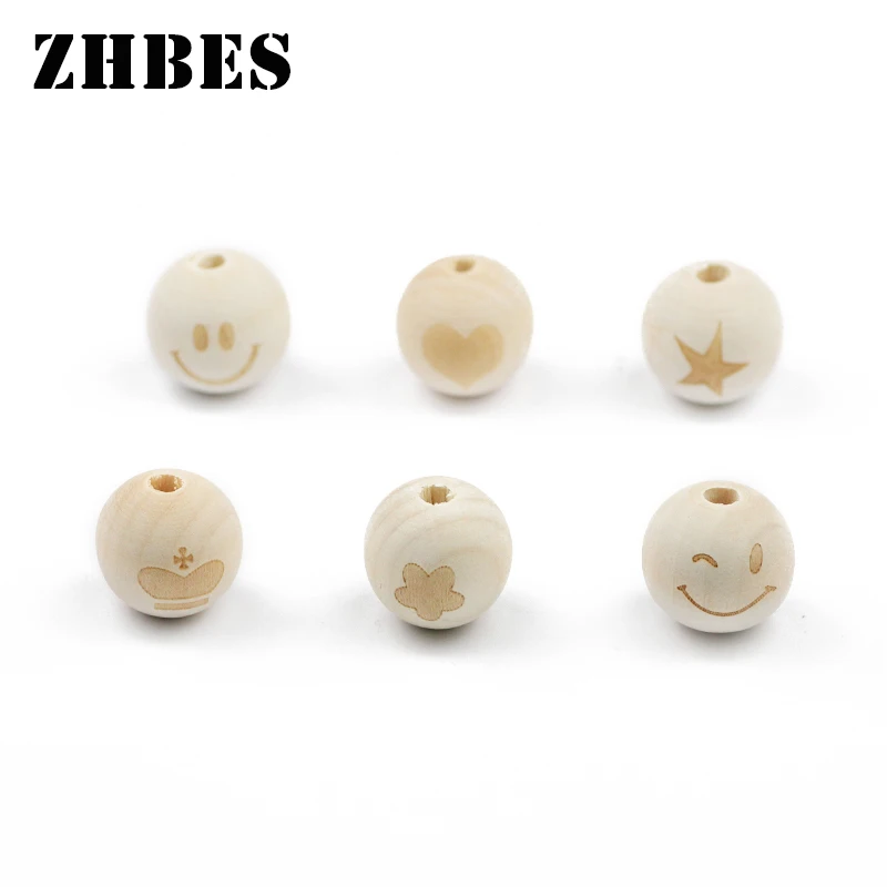 20MM/10pcs Natural Wooden Bead Smiling Face Heart Crown Round Loose Beads for Jewelry Making DIY Necklace Baby toys Accessories