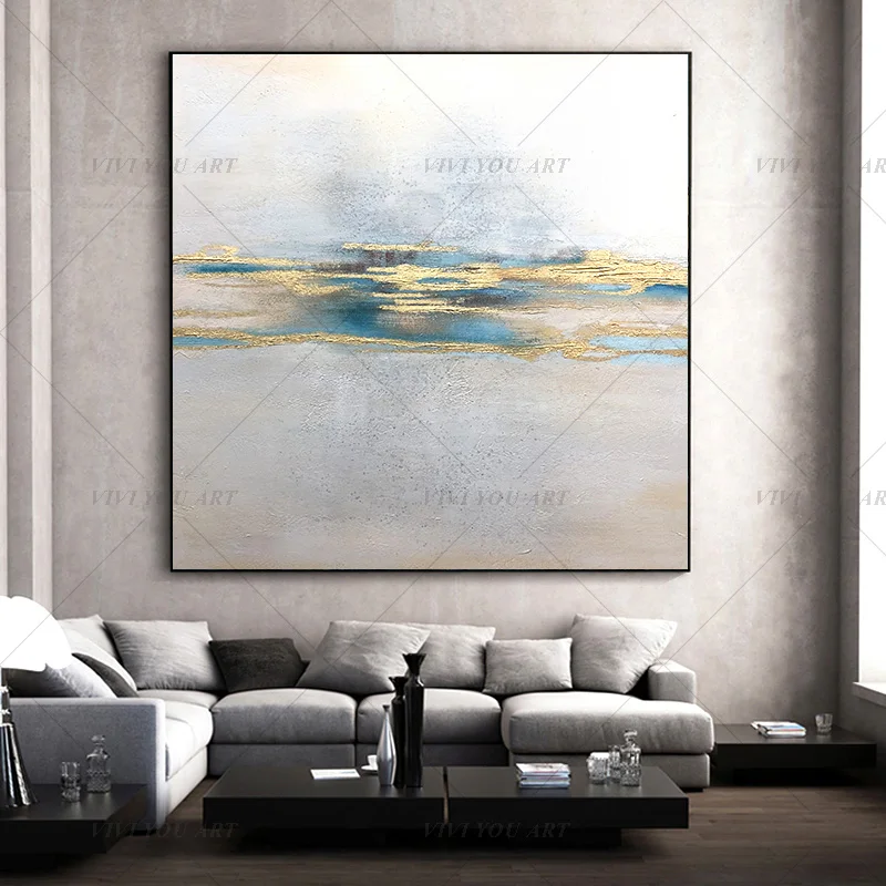 100% Handmade Muted Teal Golden Layer Textured Oil Painting for Living Room Modern Wall Decor Art Gift
