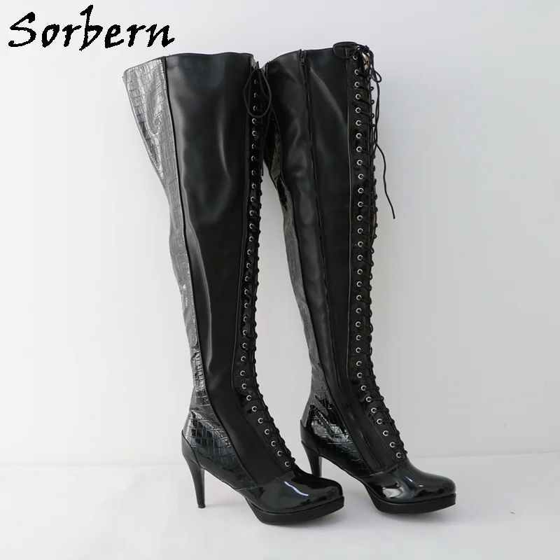 Sorbern stivali crespi rossi sopra il ginocchio coscia stivali alti da donna coccodrillo tacchi metallici stivali Unisex personalizzati per gambe