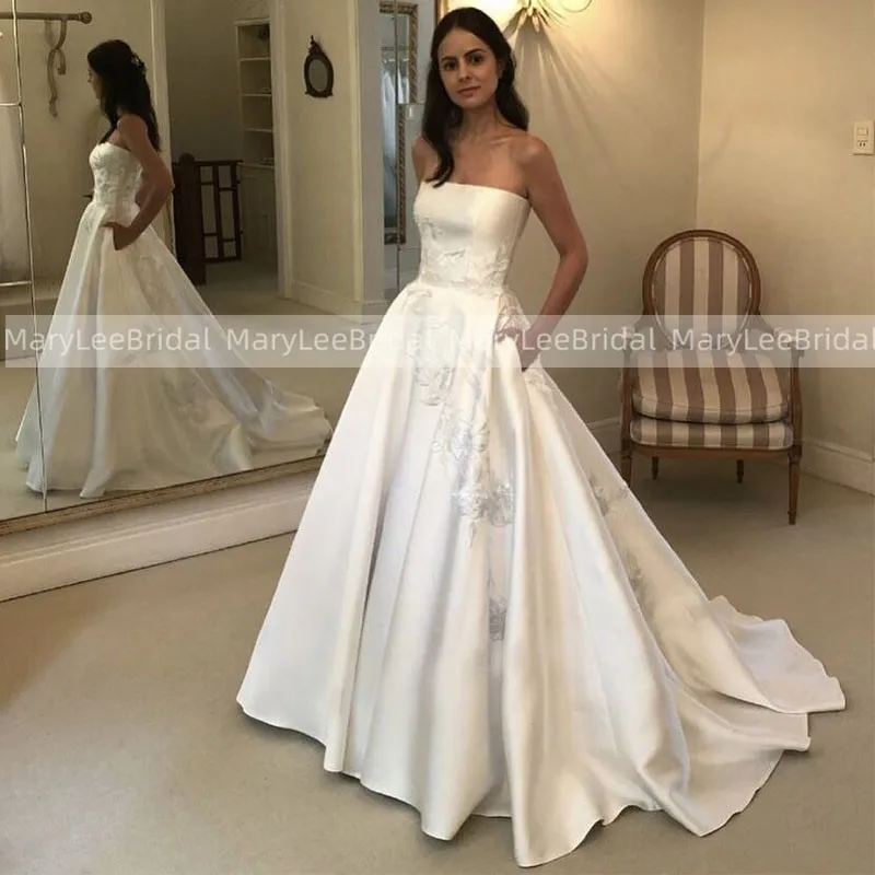 

Strapless A-Line Wedding Dress With Pocket Ivory Elegant Floral Applique Satin Bridal Gowns Zipper Back Dresses vestido de noiva