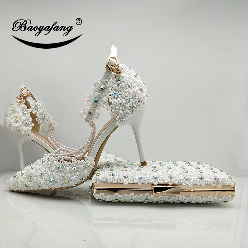 BaoYaFang 9cm Thin Heel Ankle strap shoes woman Pearl white folwer wedding shoes and bags Pointed Toe Ladies Party dress shoe