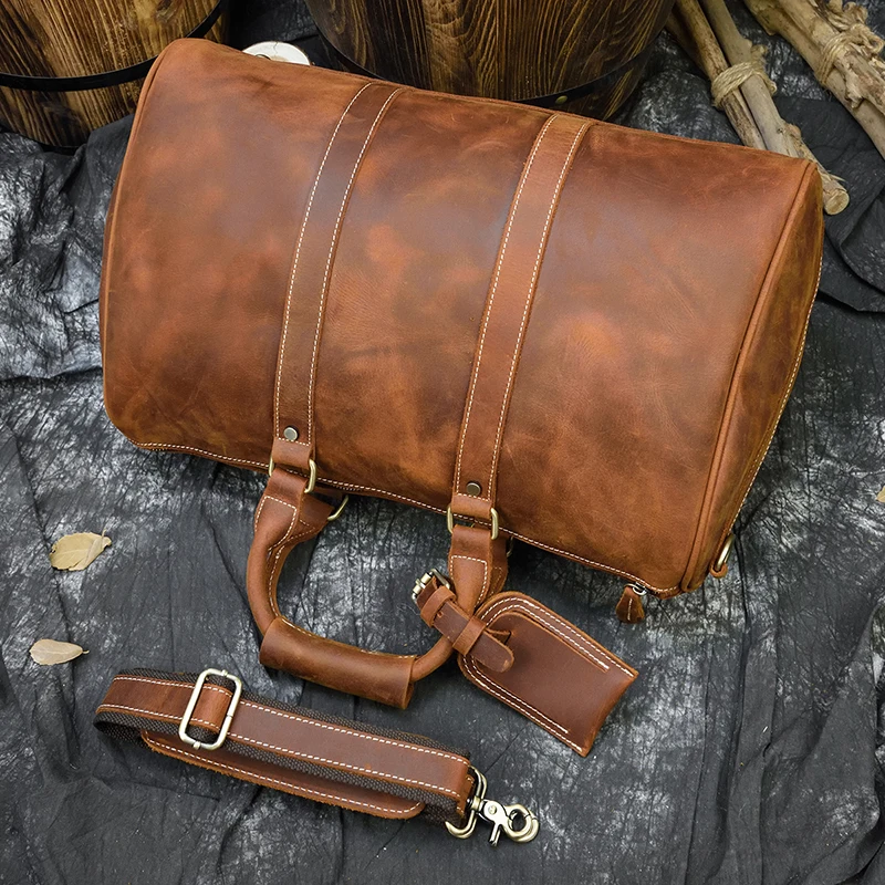 Sac de voyage en cuir véritable pour hommes, sac de voyage Durable en cuir de cheval fou, grande capacité, grand sac à bandoulière pour le week-end