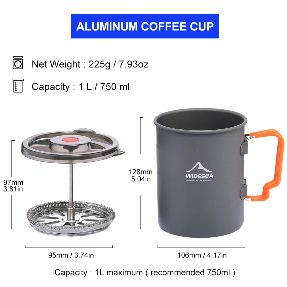 Widesea Camping Coffee Pot with French Press Outdoor Cup Mug Cookware for Hiking Trekking 2