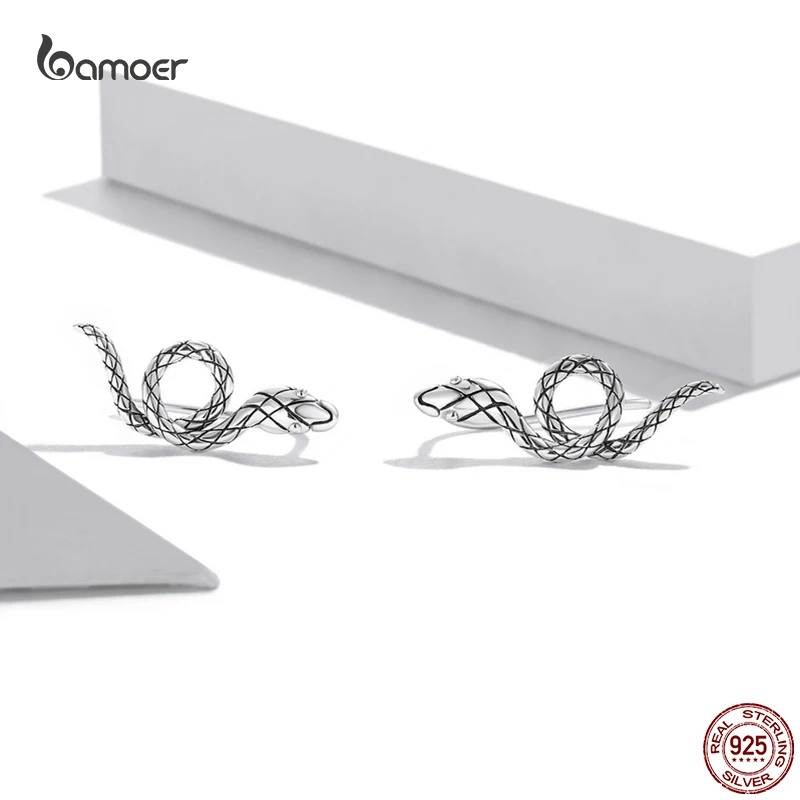 Bamoer New Classic Cute Snake Ear Studs for Women Genuine 925 Sterling Silver Animal Vintage Earrings Fashion Quality Jewelry