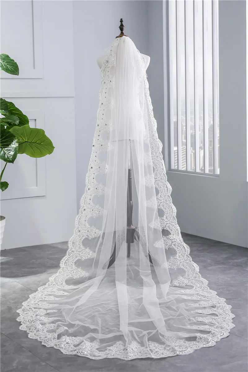 Janevini véu de casamento com pente, elegante tulle marfim com borda lantejoulas apliques de camada única acessórios de casamento