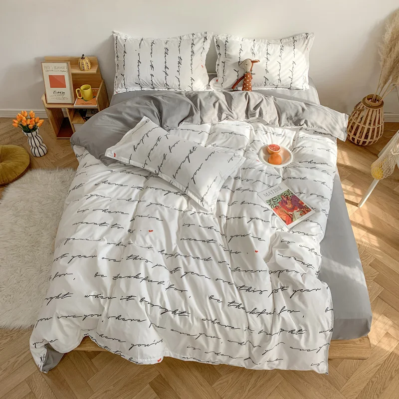 Love Letter Print Home Living 3/4Pcs Bedding Sheet Pillow Case Duvet Cover Queen Size and King Size Bedding Sets