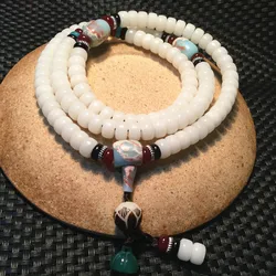 108 White Bodhi Root Beads Bracelet Lotus Mala Necklace Buddhist Prayer Rosary Strand Bracelets for Women Buddha Meditation Gift
