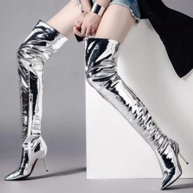 

Moraima Snc long boot sliver patent leather over the knee boots pointed toe sexy high heels thigh high boots pleated shoes women