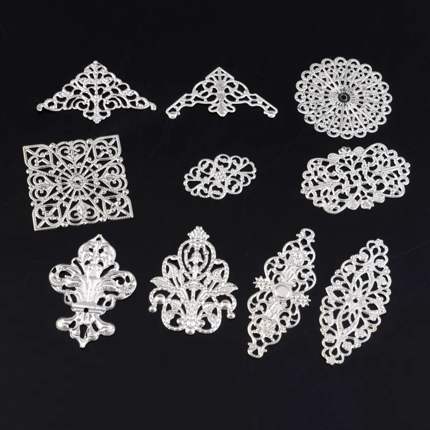 Free shipping! 10Pcs Silver Color Mixed Metal Filigree Wraps Connectors Metal Crafts Gift Decoration DIY Jewelry