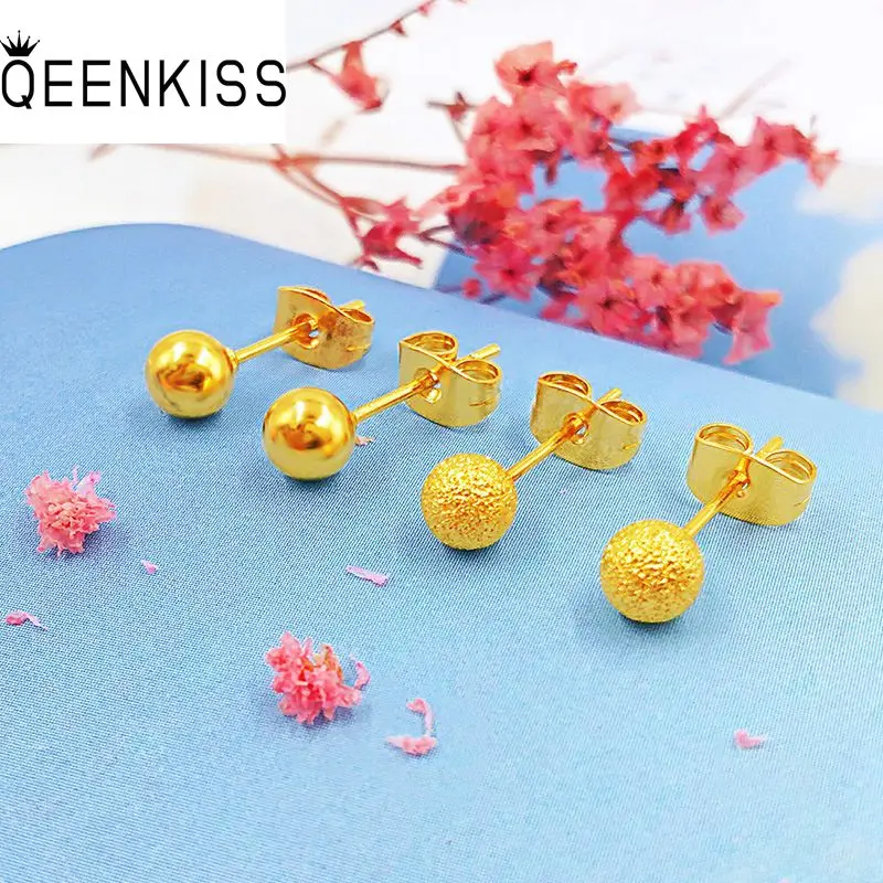 

QEENKISS EG517 Fine Jewelry Wholesale Hot Fashion Woman Girl Bride Birthday Wedding Gift Ball 6mm Matte 24KT Gold Stu Earrings