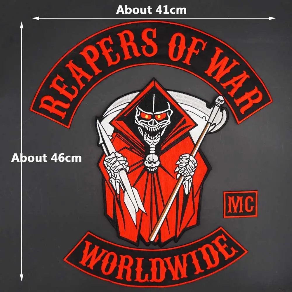 Large Skull Motorcycle Embroidery Patch REAPERS OF WAR MC Badge Cloth Leather Jacket Decoration Back High-grade Iron-On