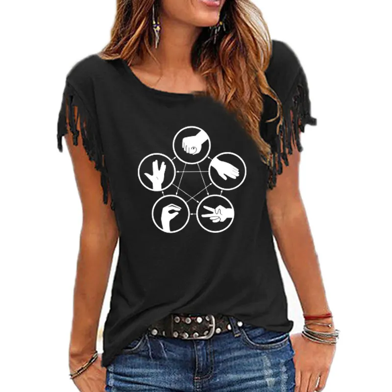 The Big Bang Theory Women T Shirt Sheldon Mora finger-guessing game Tops Short Sleeve Cotton Sexy Tassel Tee Tops