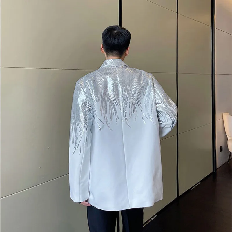 Oversize Loose Casual Blazers Men\'s Star Singer Concert Stage Silver Sequins Suit Coat Plus Size Performance Costume Jackets