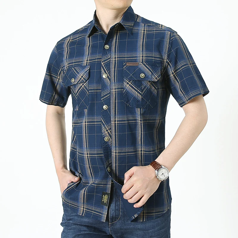 2021 Men Summer 100% Cotton Military Plaid Shirt Short Sleeve Cargo Shirts Men Spring Casual Single Breasted Business Shirt Men