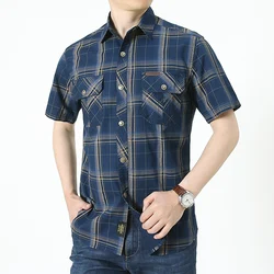 Camisa militar a cuadros para hombre, camisa de manga corta, informal, de negocios, de un solo pecho, 2021 algodón, verano, 100%