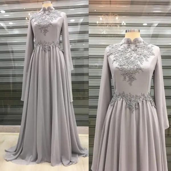 Vestido de graduación musulmán de manga larga, prenda Formal de gasa con apliques, cuello alto, línea A, Vestidos de fiesta de noche, Arabia Saudita