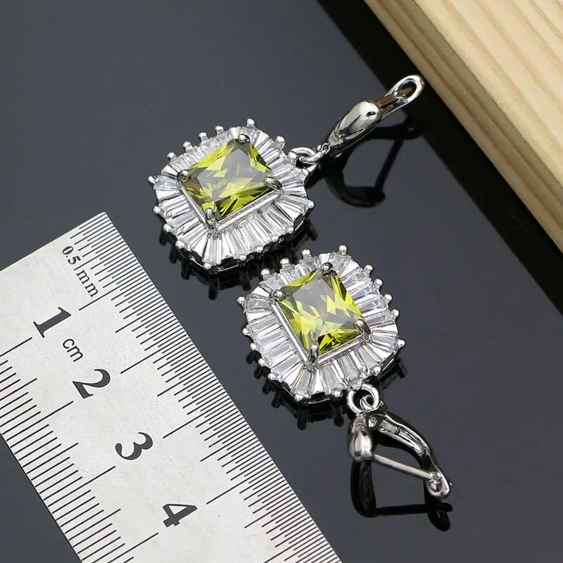 Handmade Square Olive Green CZ Fashion Earrings 925 Sterling Silver Earring For Bridal Decoration Gift Set Dropshipping