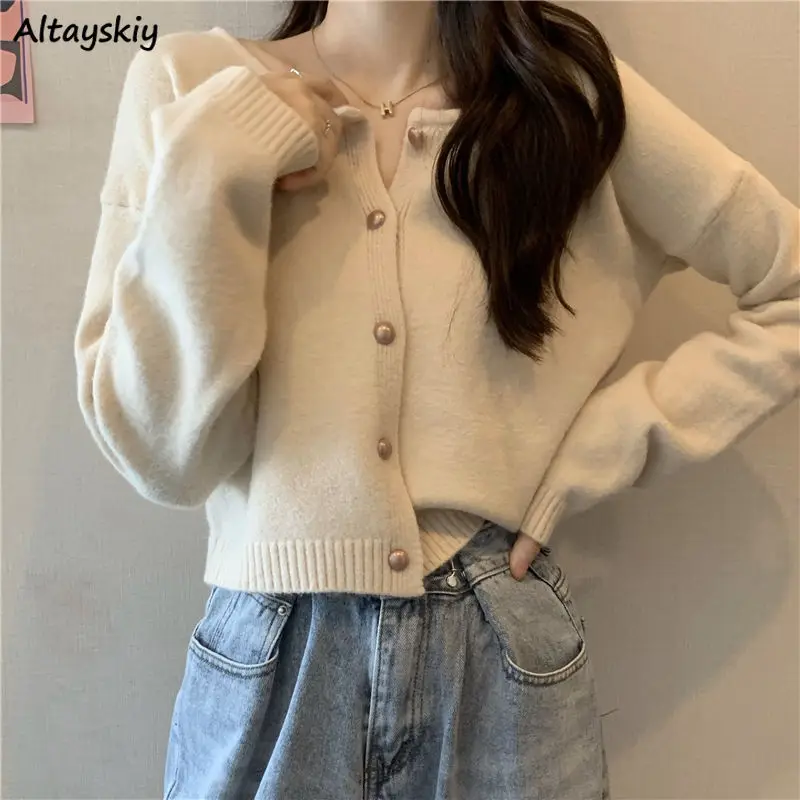 

Solid Color Cardigan Women Loose O-neck Cropped Sweaters Single Breasted Soft Knitwear All-match Spring Outerwear Cozy Femme New