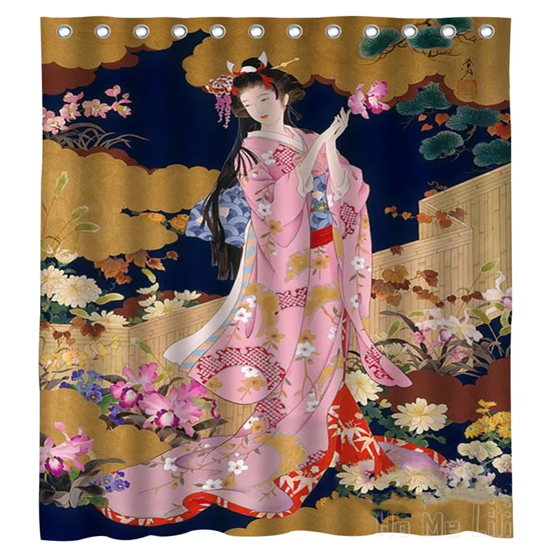 Traditional Japanese Ukiyo-e Graceful Kabuki Flowers Blooming Like A Piece Of Brocade Waterproof Shower Curtain Bathroom Decor