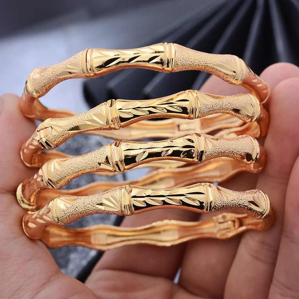 24K 4Pcs/lot Dubai Gold Color Bangles For Women Girls Good luck Bamboo Ethiopian Wife Bangles Bracelet Jewelry Gift