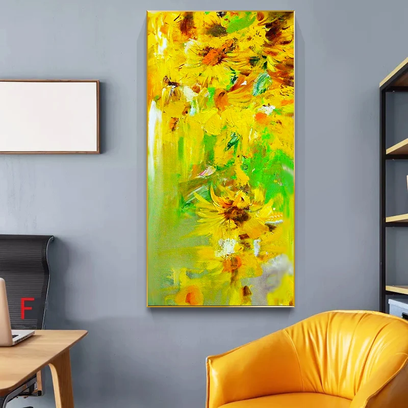 July Art Modern Vertical Version Flower Hand-painted Decorative Painting Yellow Sunflower Oil Canvas Living Room Home Decoration