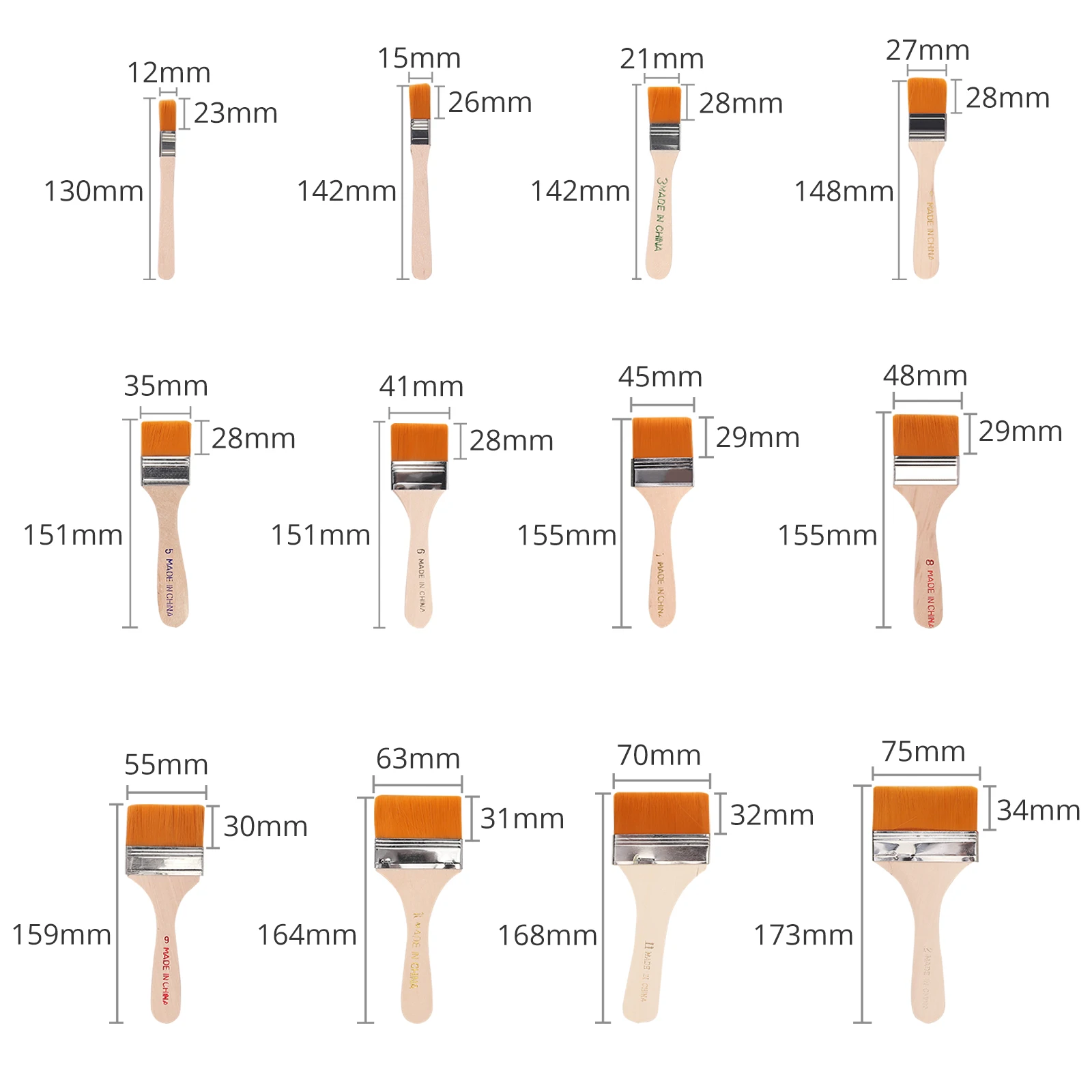 JUSTOOL 12 set di 60 pennelli pennelli piatti diverse dimensioni manici in legno massello pennelli piatti per uso domestico per progetti di vernice